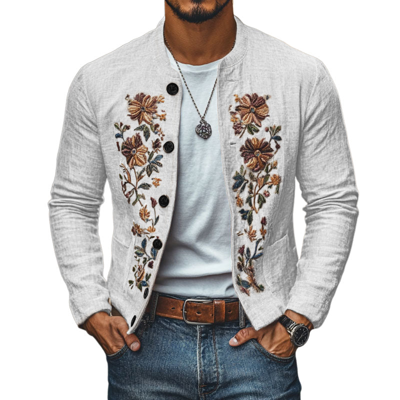 Men's Slim Fit Casual Linen Jacket with Embroidered Stand Collar - Style 48687422M