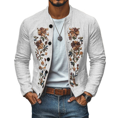 Men's Slim Fit Casual Linen Jacket with Embroidered Stand Collar - Style 48687422M