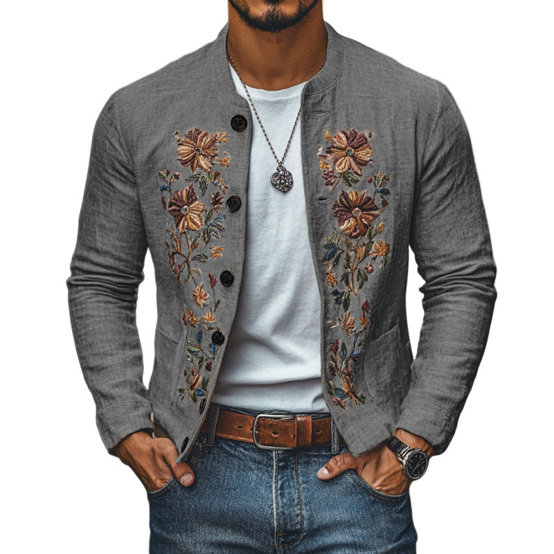 Men's Slim Fit Casual Linen Jacket with Embroidered Stand Collar - Style 48687422M