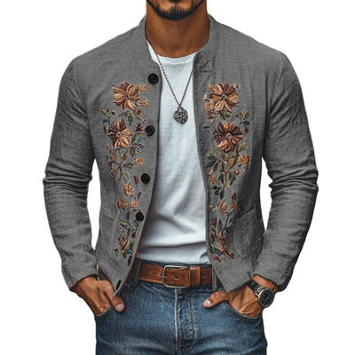 Men's Slim Fit Casual Linen Jacket with Embroidered Stand Collar - Style 48687422M