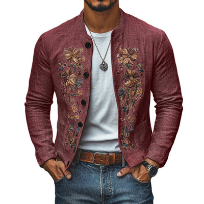 Men's Slim Fit Casual Linen Jacket with Embroidered Stand Collar - Style 48687422M
