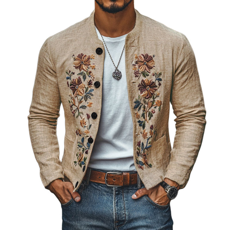 Men's Slim Fit Casual Linen Jacket with Embroidered Stand Collar - Style 48687422M