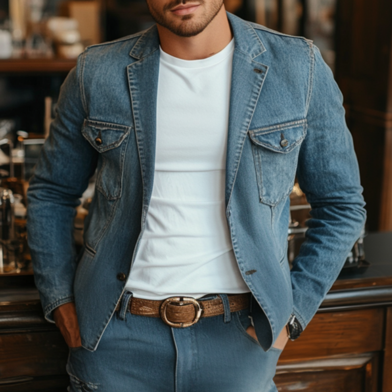 Men's Retro Notched Lapel Denim Single Breasted Multi-Pocket Slim Fit Blazer  MTA0220D2M