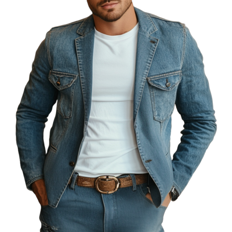 Men's Retro Notched Lapel Denim Single Breasted Multi-Pocket Slim Fit Blazer  MTA0220D2M