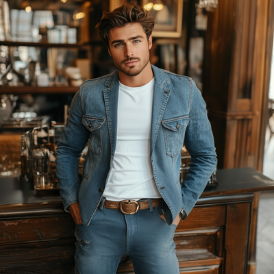 Men's Retro Notched Lapel Denim Single Breasted Multi-Pocket Slim Fit Blazer  MTA0220D2M