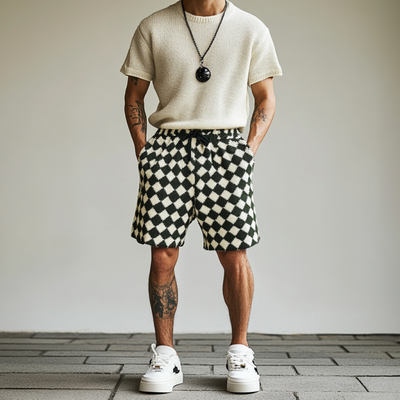 Men's Casual Diamond Jacquard Knit Elastic Waist Shorts MTA1279D5M