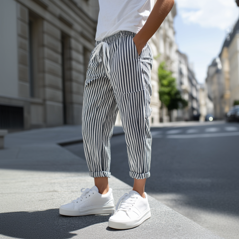 Men's Striped Tapered Pants with Elastic Waist - Casual Cotton Blend MTA1006D9M