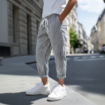 Men's Striped Tapered Pants with Elastic Waist - Casual Cotton Blend MTA1006D9M