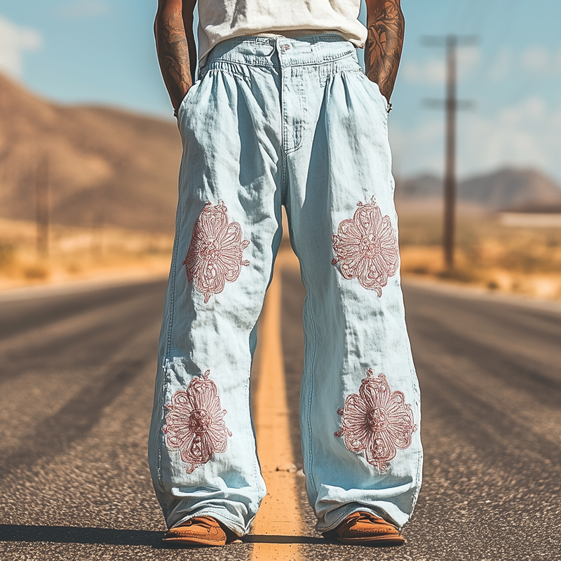 Men's Spring and Summer Fashion Casual Western Style Tencel Denim Embroidered Pants MTA1578D7K