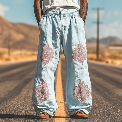 Men's Spring and Summer Fashion Casual Western Style Tencel Denim Embroidered Pants MTA1578D7K
