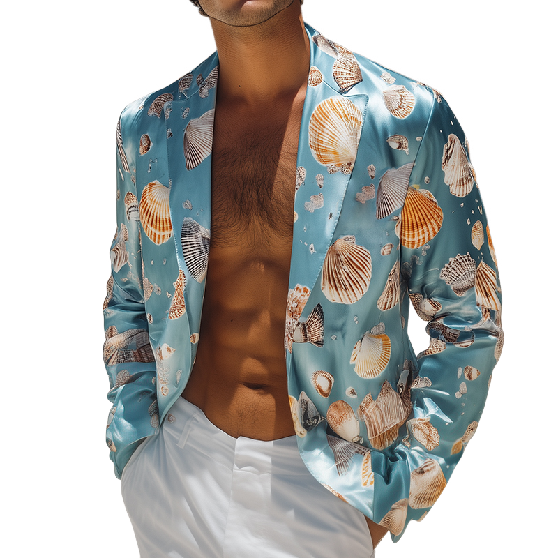 Men's Vintage Casual Ocean Shell Print Satin Blazer MTA1597D5TO