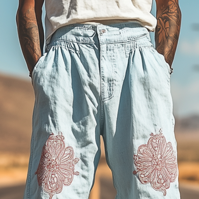 Men's Spring and Summer Fashion Casual Western Style Tencel Denim Embroidered Pants MTA1578D7K