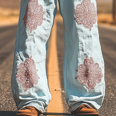 Men's Spring and Summer Fashion Casual Western Style Tencel Denim Embroidered Pants MTA1578D7K