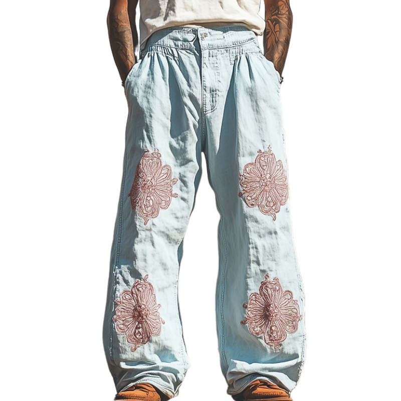 Men's Spring and Summer Fashion Casual Western Style Tencel Denim Embroidered Pants MTA1578D7K