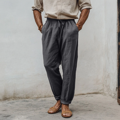 Men's Casual Breathable Cotton Linen Elastic Waist Loose Holiday Tapered Pants MTA2314D2M