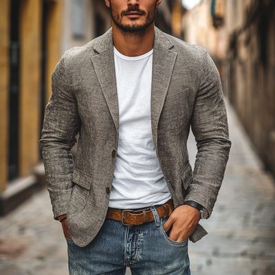 Men's Slim-Fit Casual Cotton Linen Blazer with Notch Lapel - Style 34577242M