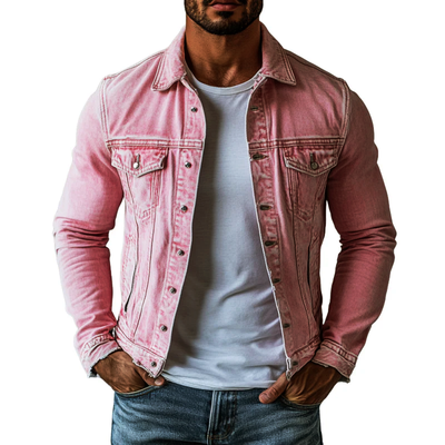 Men's Retro Washed Denim Jacket with Lapel and Multiple Pockets - Style 20763802Y