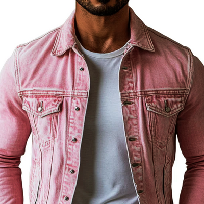Men's Retro Washed Denim Jacket with Lapel and Multiple Pockets - Style 20763802Y