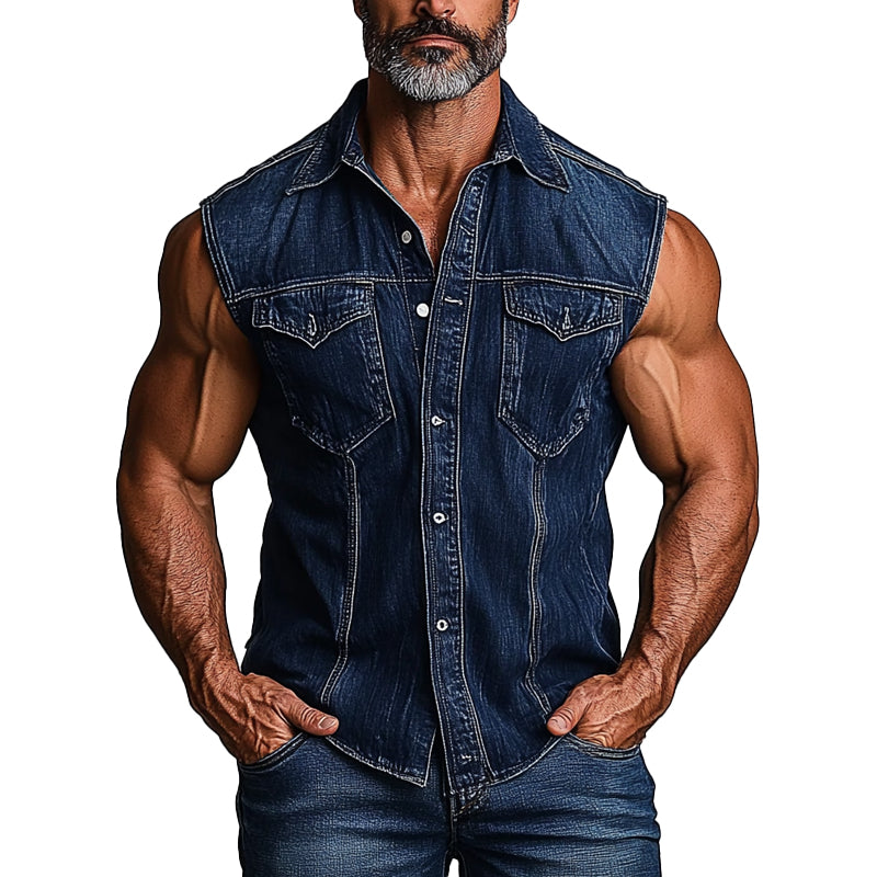 Men's Vintage Washed Lapel Denim Vest 84226341X