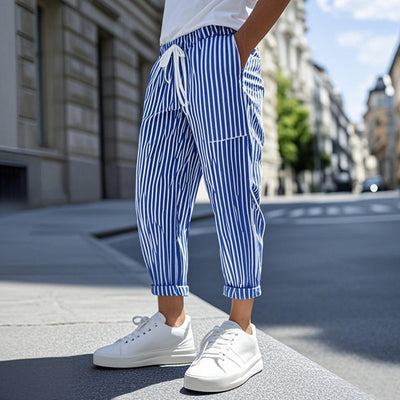 Men's Striped Tapered Pants with Elastic Waist - Casual Cotton Blend MTA1006D9M