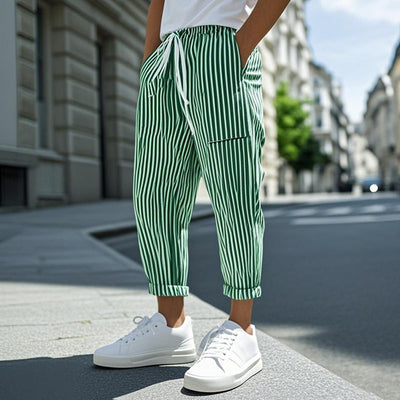 Men's Striped Tapered Pants with Elastic Waist - Casual Cotton Blend MTA1006D9M
