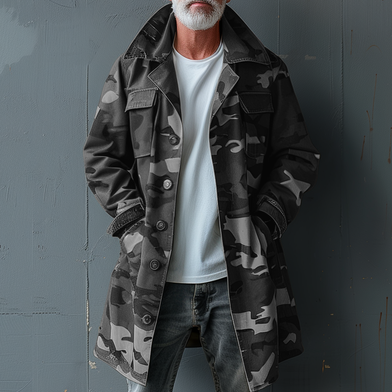 Men's Camouflage Mid-Length Cargo Trench Coat with Lapel and Breast Pocket - Style 74550095Z