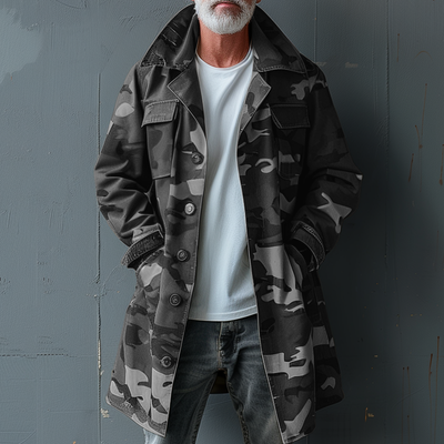 Men's Camouflage Mid-Length Cargo Trench Coat with Lapel and Breast Pocket - Style 74550095Z