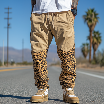 Men's Spring And Summer Casual Western Cowboy Style Cotton And Linen Splicing Leopard Print Elastic Waist Cuff Pants MTA1647E2K