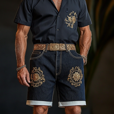 Men'S Fashion Retro Embroidered Straight Denim Shorts MTA0998E2Z