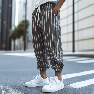Men's Casual Breathable Cotton Linen Striped Elastic Waist Loose Cuff Pants MTA2773D0M