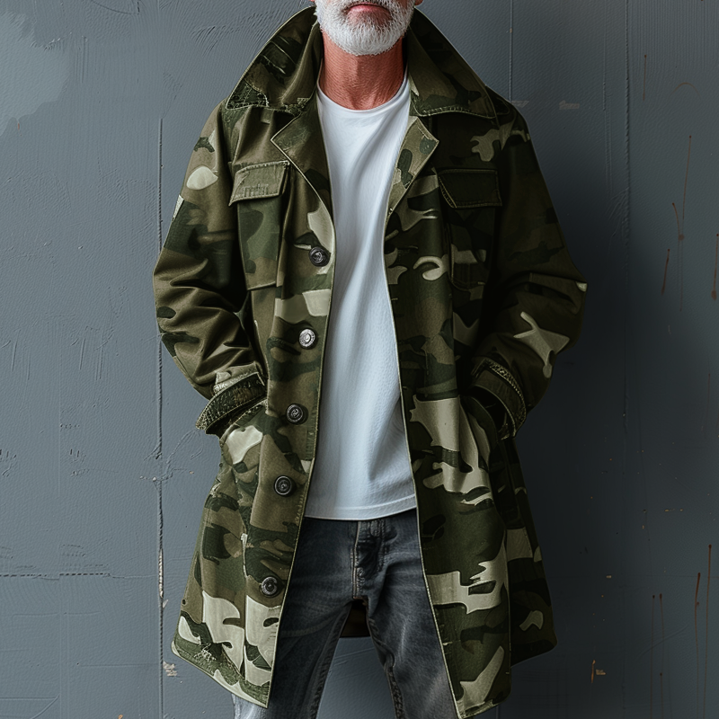 Men's Camouflage Mid-Length Cargo Trench Coat with Lapel and Breast Pocket - Style 74550095Z
