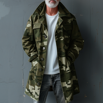 Men's Camouflage Mid-Length Cargo Trench Coat with Lapel and Breast Pocket - Style 74550095Z