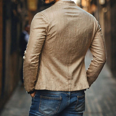 Men's Slim Fit Casual Linen Jacket with Embroidered Stand Collar - Style 48687422M