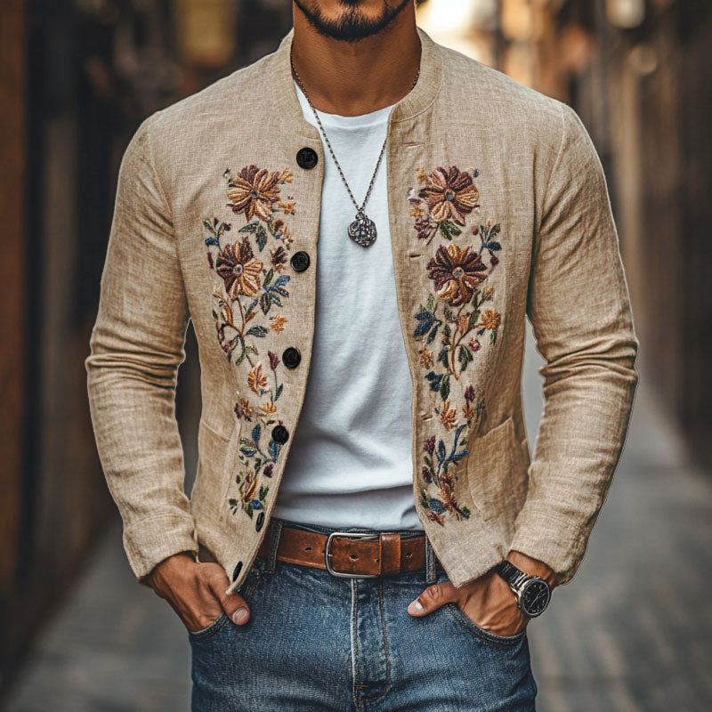 Men's Slim Fit Casual Linen Jacket with Embroidered Stand Collar - Style 48687422M