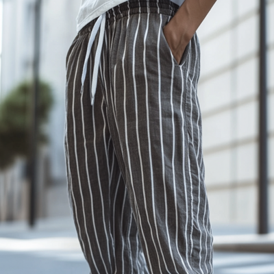 Men's Casual Breathable Cotton Linen Striped Elastic Waist Loose Cuff Pants MTA2773D0M