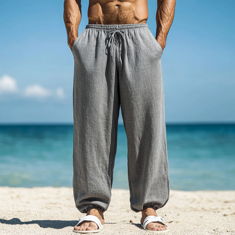 Men's Casual Breathable Cotton Linen Solid Color Elastic Waist Loose Cuff Pants MTA2757D2M