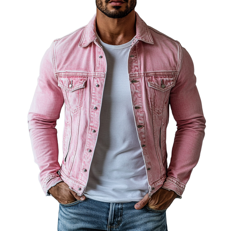 Men's Retro Washed Denim Jacket with Lapel and Multiple Pockets - Style 20763802Y