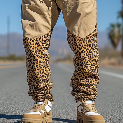 Men's Spring And Summer Casual Western Cowboy Style Cotton And Linen Splicing Leopard Print Elastic Waist Cuff Pants MTA1647E2K
