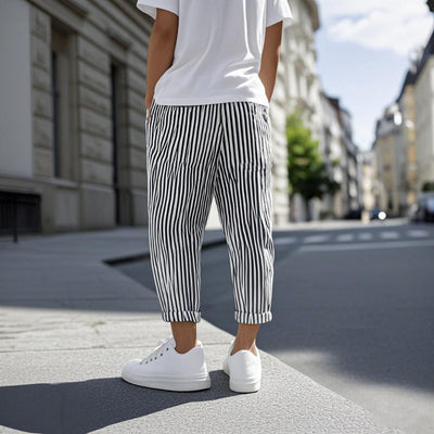 Men's Striped Tapered Pants with Elastic Waist - Casual Cotton Blend MTA1006D9M
