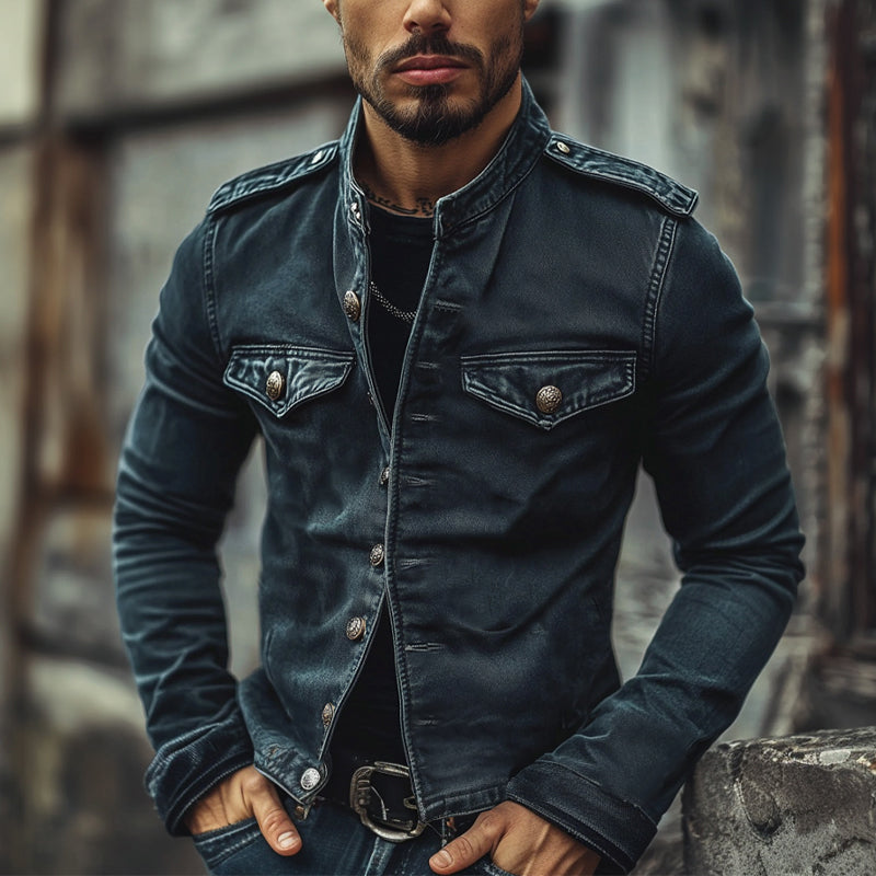 Men's Retro Stand Collar Denim Jacket - Style 75697045X