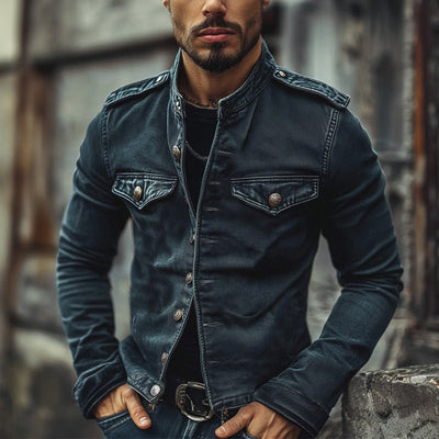 Men's Retro Stand Collar Denim Jacket - Style 75697045X