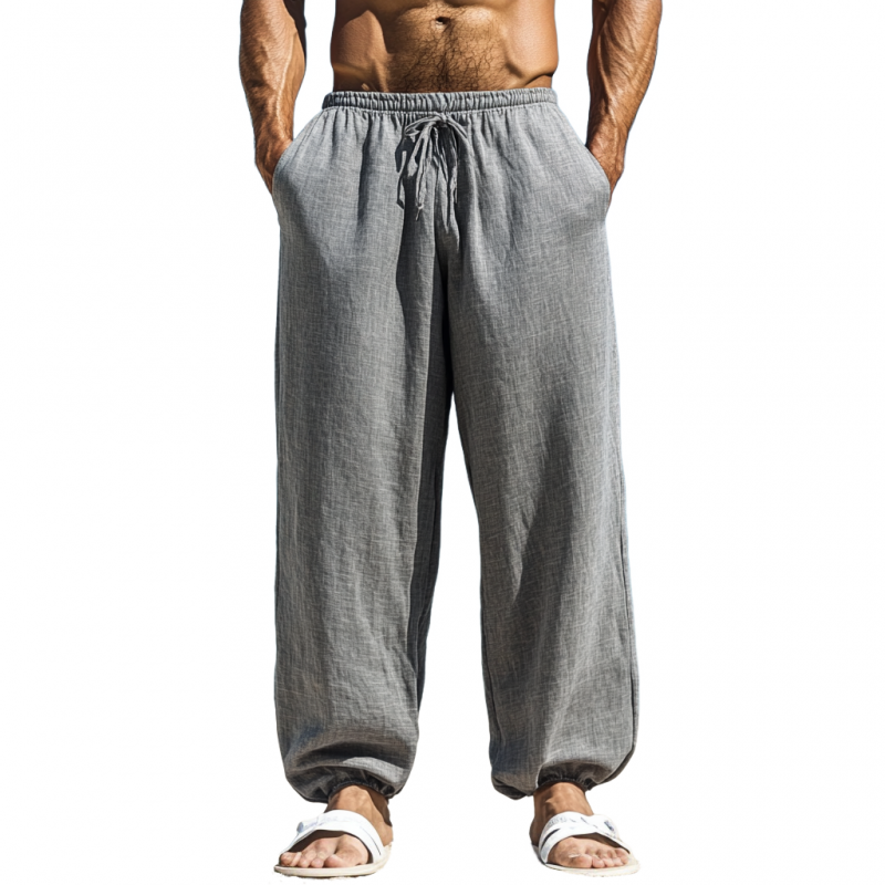 Men's Casual Breathable Cotton Linen Solid Color Elastic Waist Loose Cuff Pants MTA2757D2M