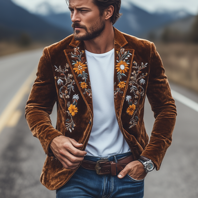 Men's Classic Retro Slim Fit Single Breasted Velvet Embroidered Blazer 43171298K