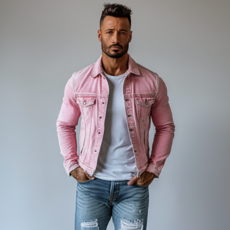 Men's Retro Washed Denim Jacket with Lapel and Multiple Pockets - Style 20763802Y