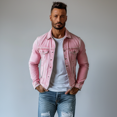 Men's Retro Washed Denim Jacket with Lapel and Multiple Pockets - Style 20763802Y