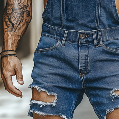 Men's Retro Casual Ripped Denim Washed And Worn Bib Shorts MTA0961E2TO