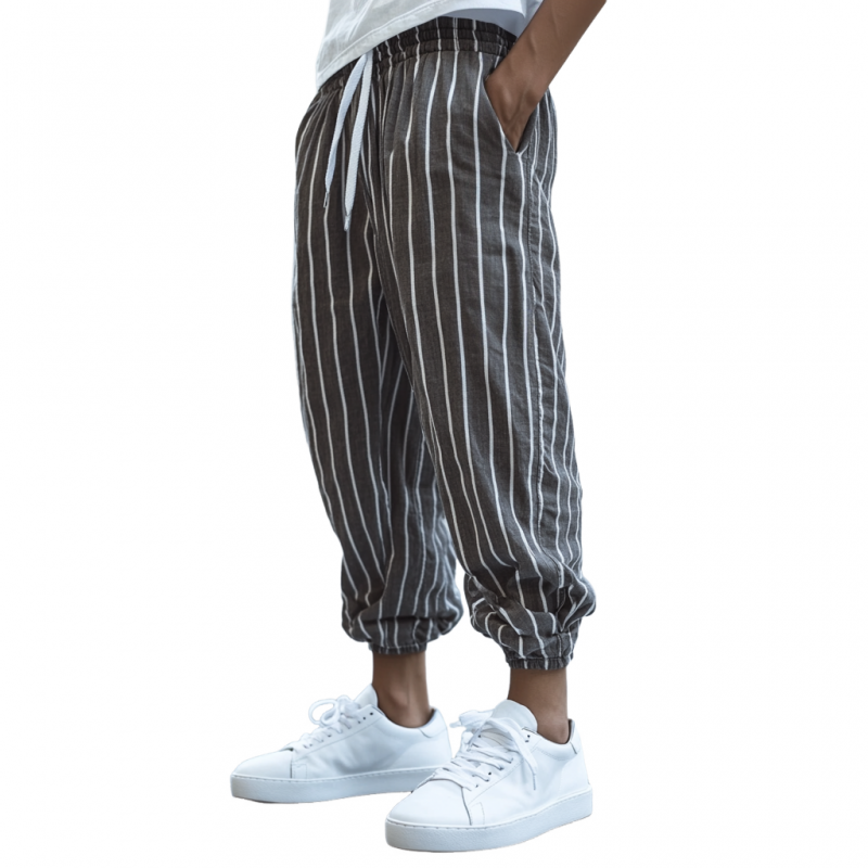 Men's Casual Breathable Cotton Linen Striped Elastic Waist Loose Cuff Pants MTA2773D0M