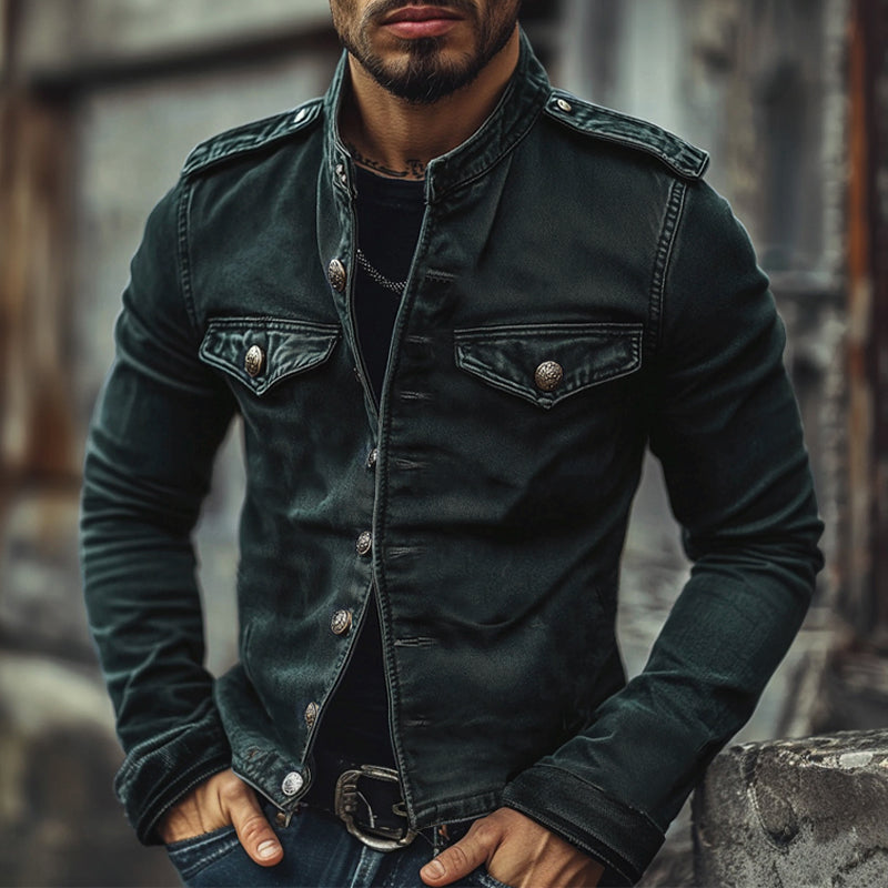 Men's Retro Stand Collar Denim Jacket - Style 75697045X