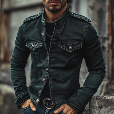 Men's Retro Stand Collar Denim Jacket - Style 75697045X