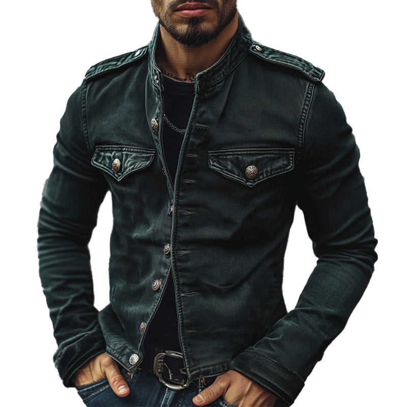 Men's Retro Stand Collar Denim Jacket - Style 75697045X